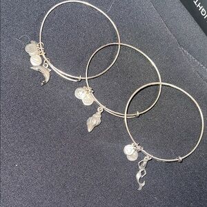Alex and Ani Silver toned Charm Bangle Bracelets Dolphin Mermaid Shell Beach Set